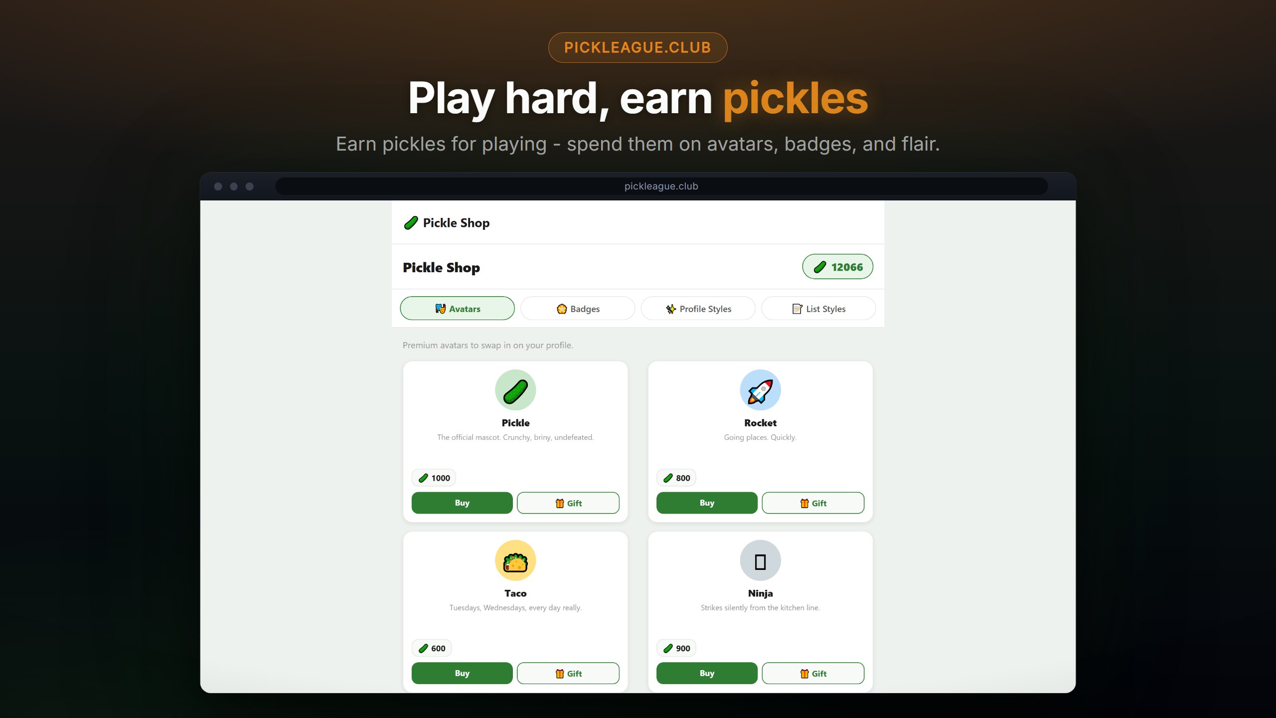 The Pickle Shop: avatars, badges and profile styles priced in pickles